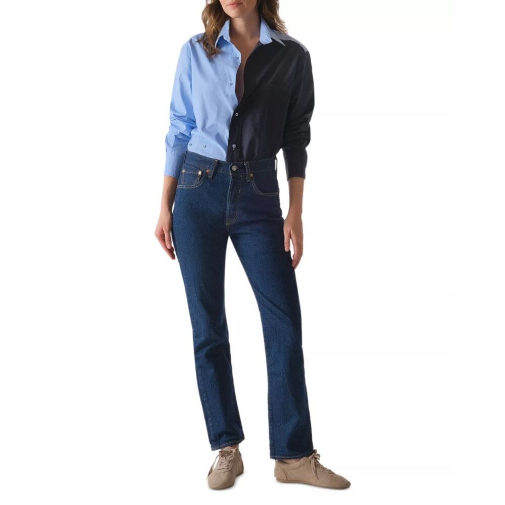 CISSA Women Blue/Navy Color Blocked Cotton Poplin Button Down Shirt Size XS/S298